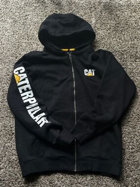 Caterpillar Black Zip Hoodie with Yellow Logo and White Sleeve Text